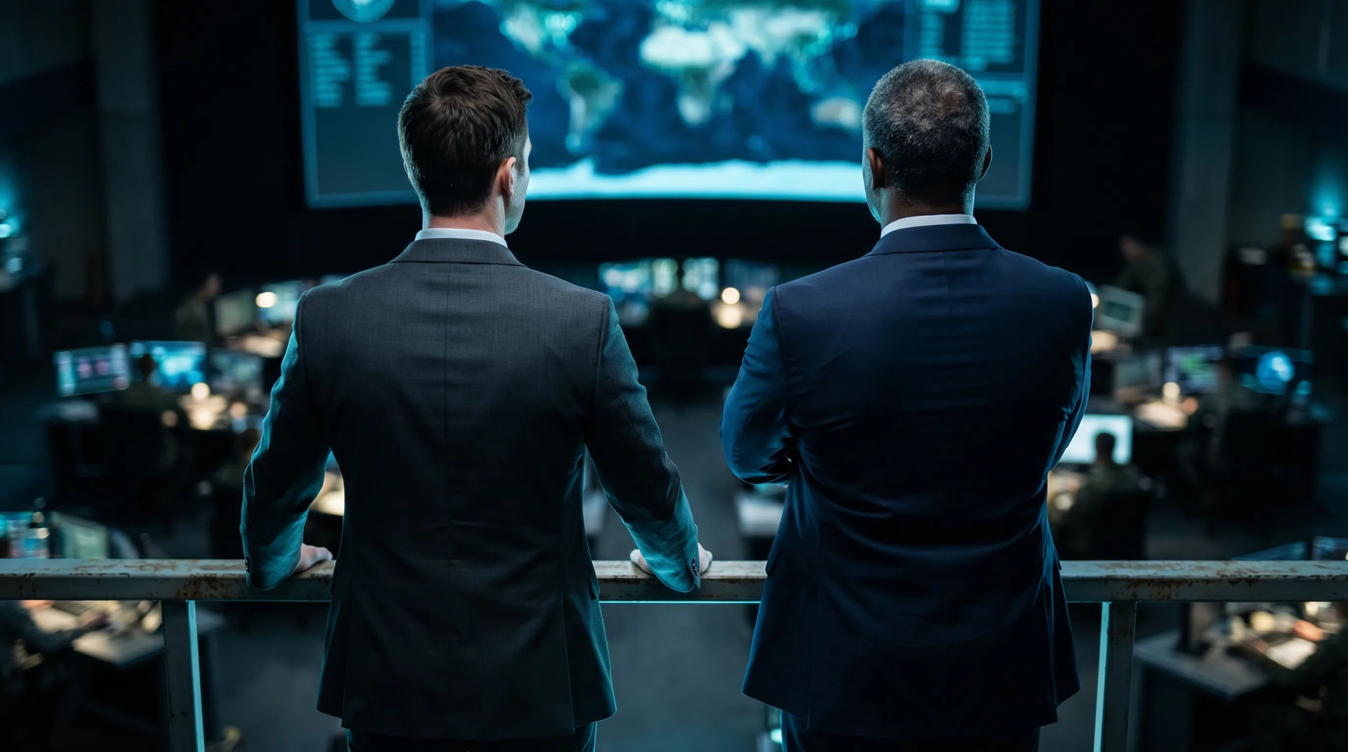 Two professionals overlooking a federal command center